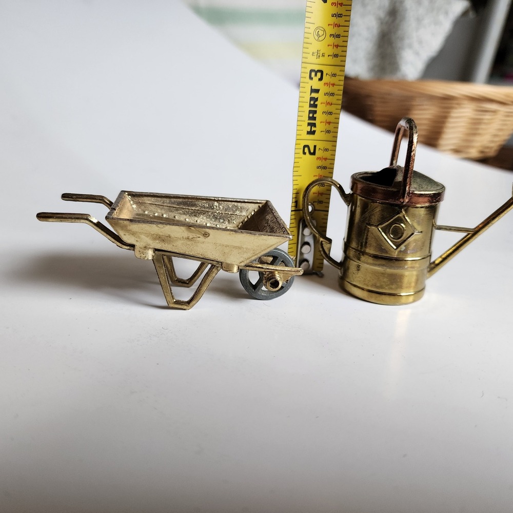 Miniature Brass Watering Can & Wheelbarrow Garden Decor Set Collectible - Picture 3 of 7